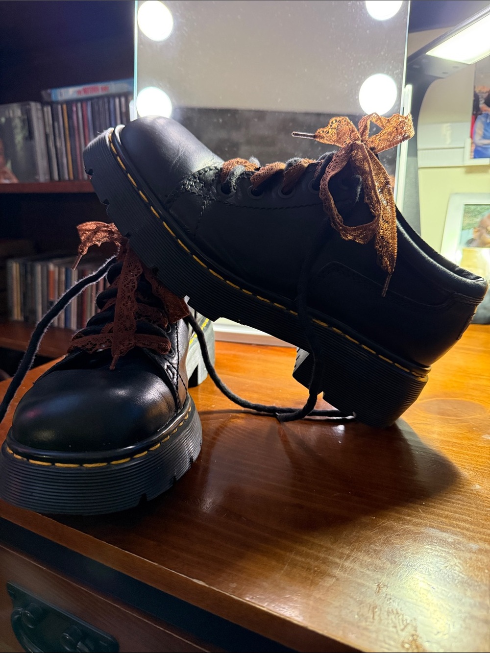 Dr. Martens Black Leather Lace-Up Boots with Brown Laces